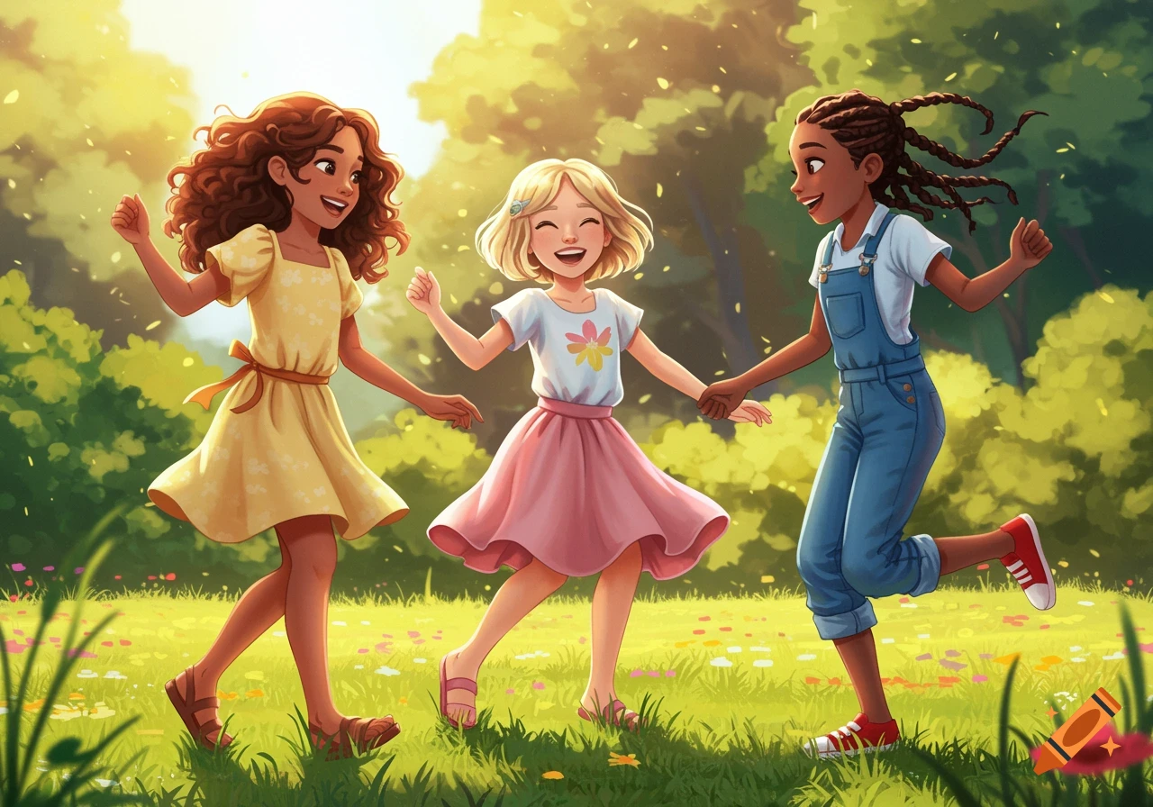 Three young girls dance happily in a sunlit meadow.