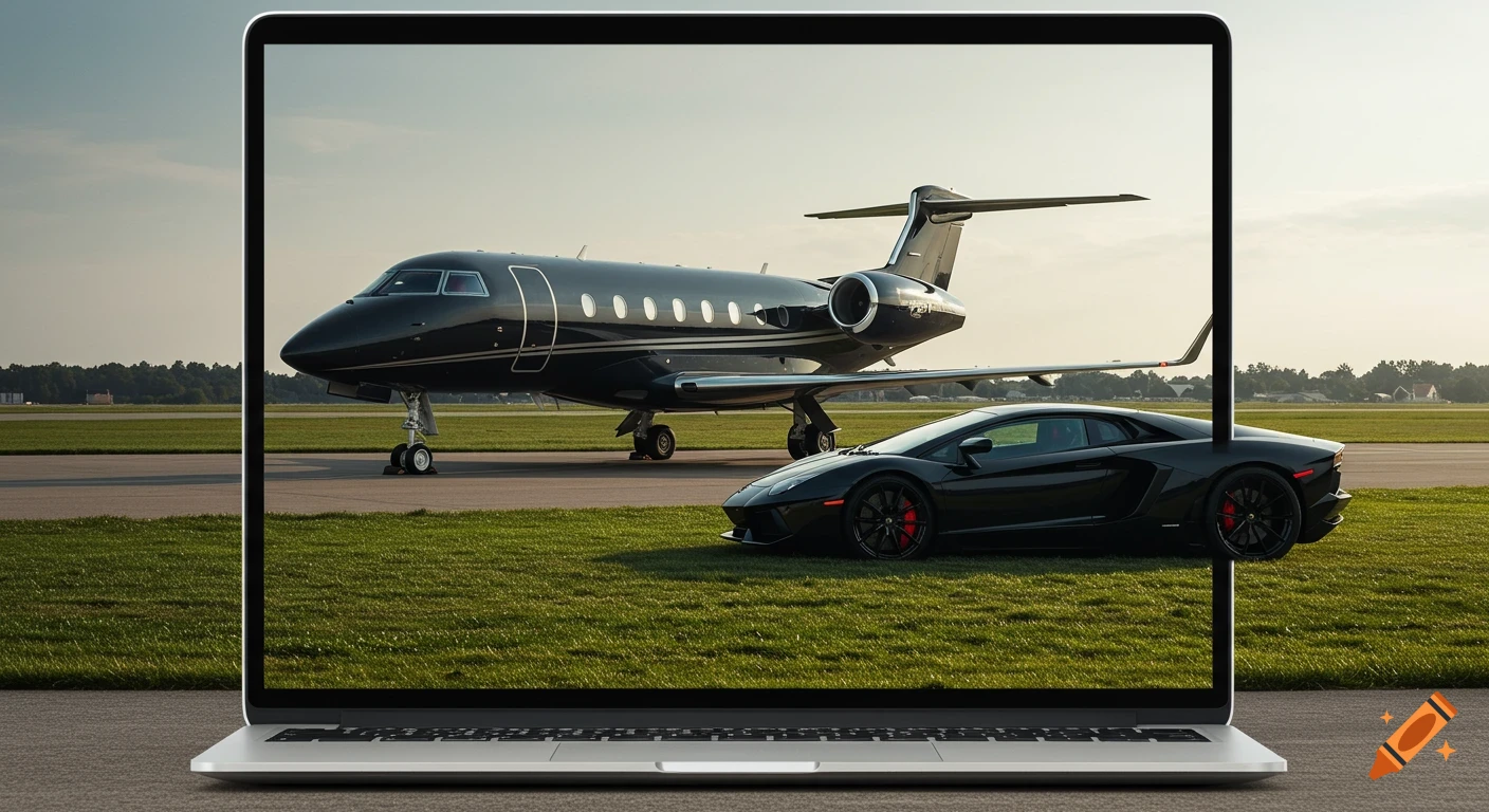 A black private jet and Lamborghini Aventador on an airfield shown on a laptop screen.