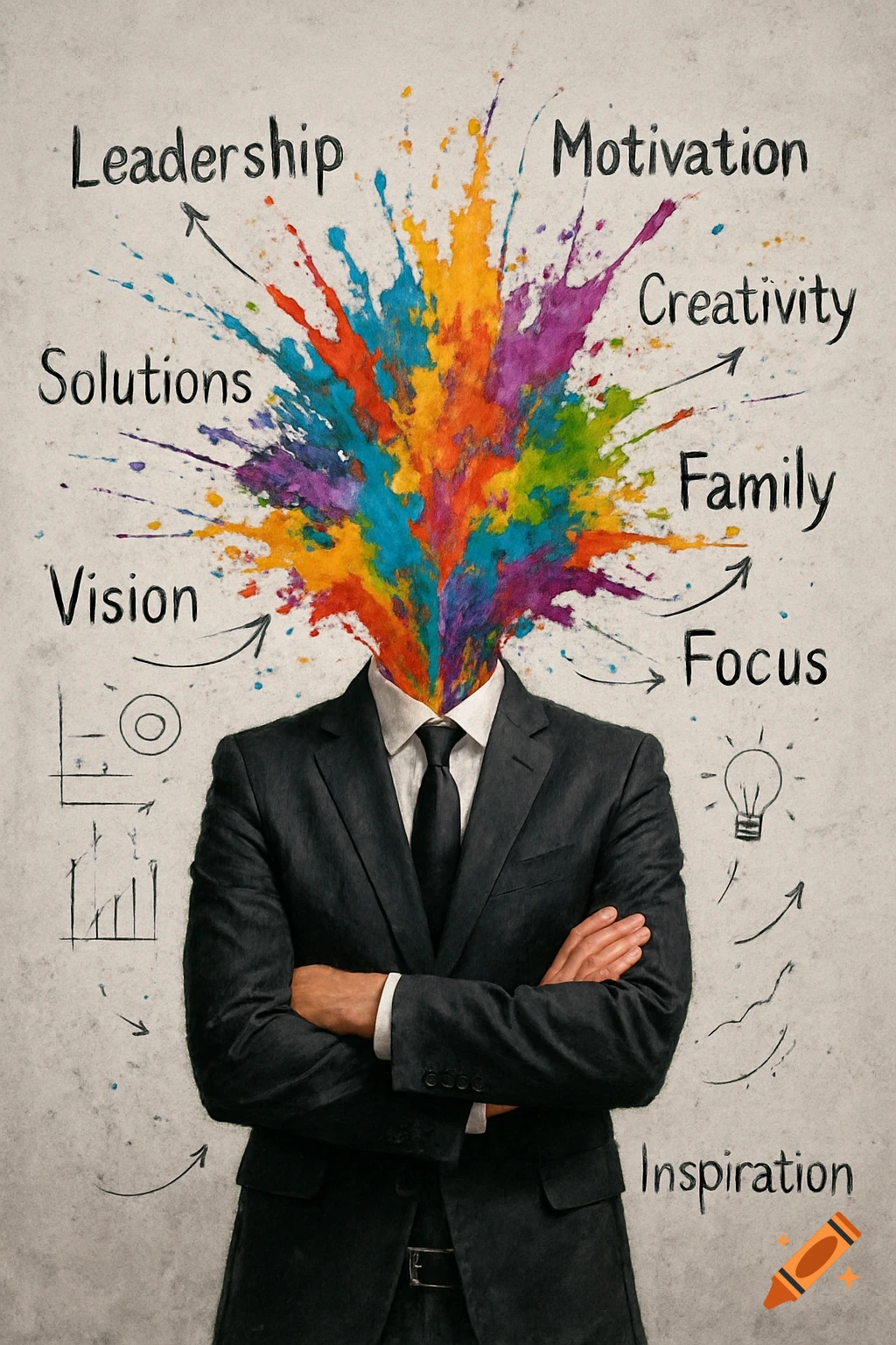 Person in suit with colorful paint explosion head surrounded by words like Leadership, Creativity, and Inspiration on a textured background.