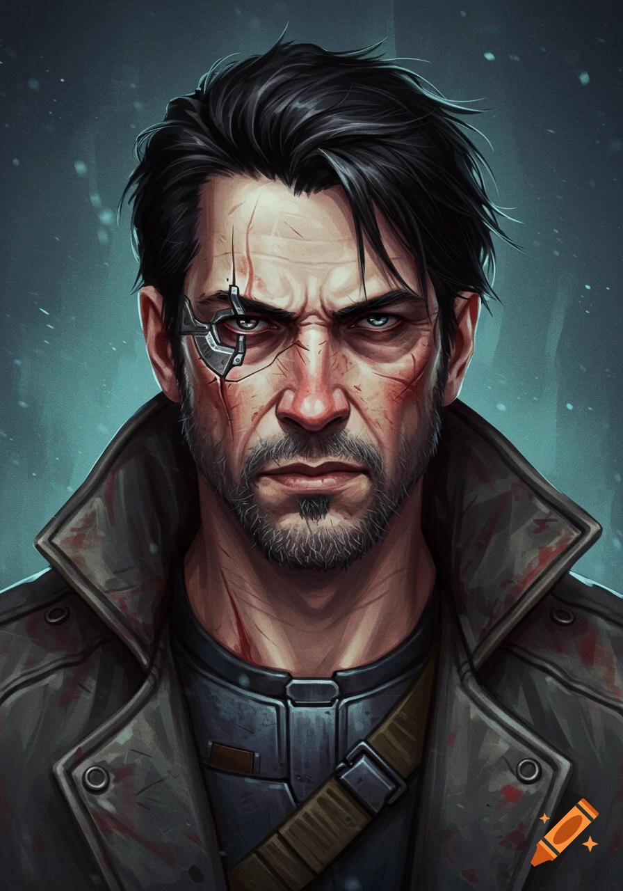 Portrait of a man with a cybernetic eye, scars, and a weathered coat.
