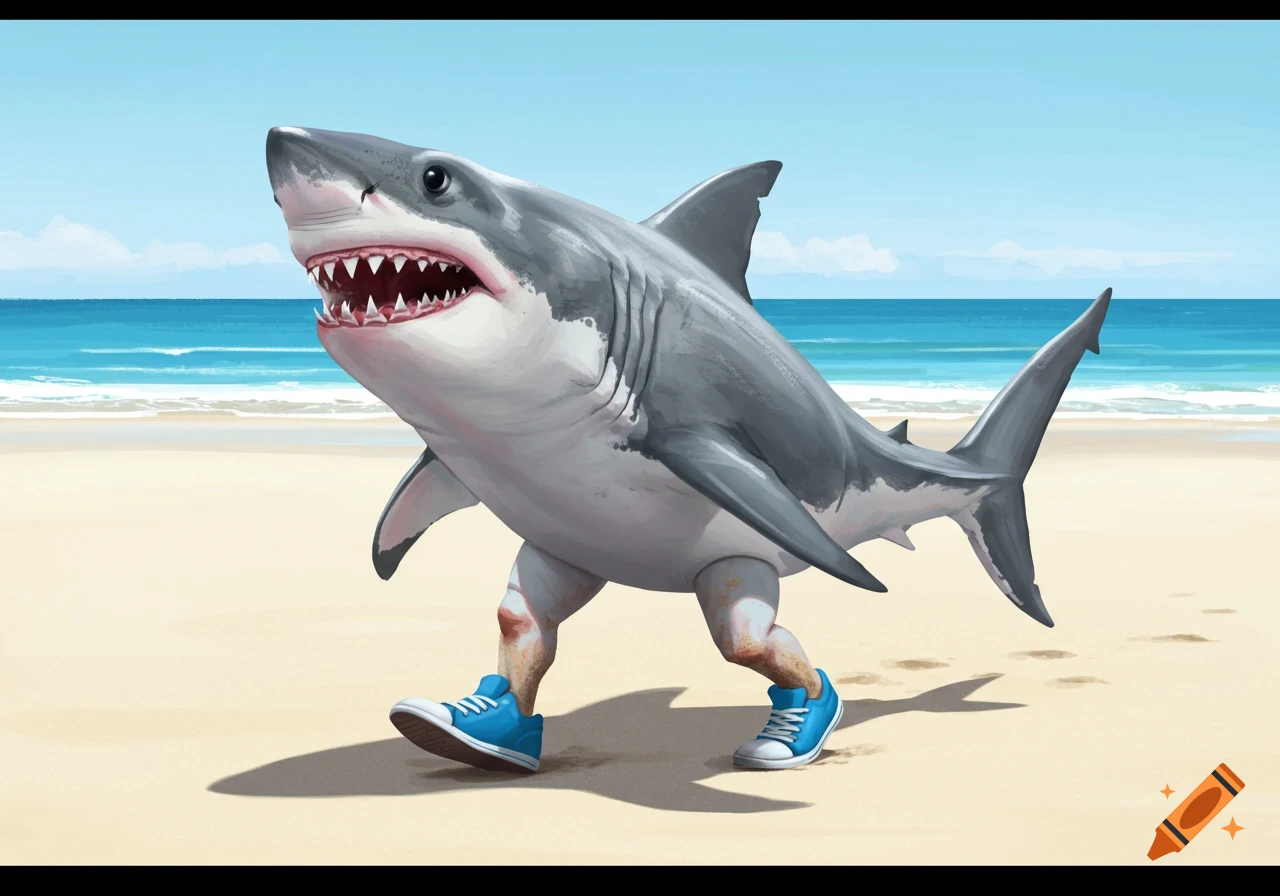 A shark with legs and blue sneakers is walking on a sandy beach.