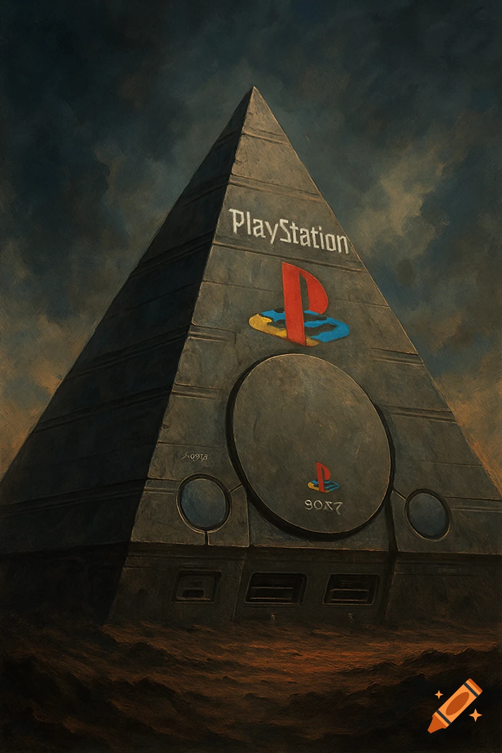 A pyramid shaped like a PlayStation console in a desolate landscape.