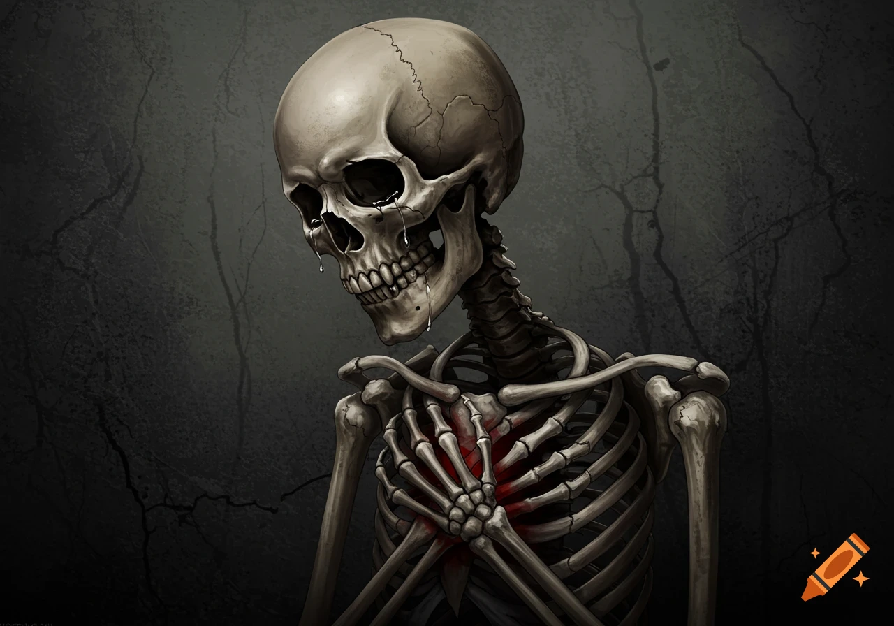 A crying skeleton holding a glowing red heart.
