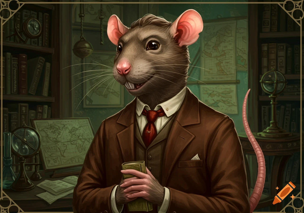 An anthropomorphic rat wearing a brown suit and red tie, holding a book in a library.