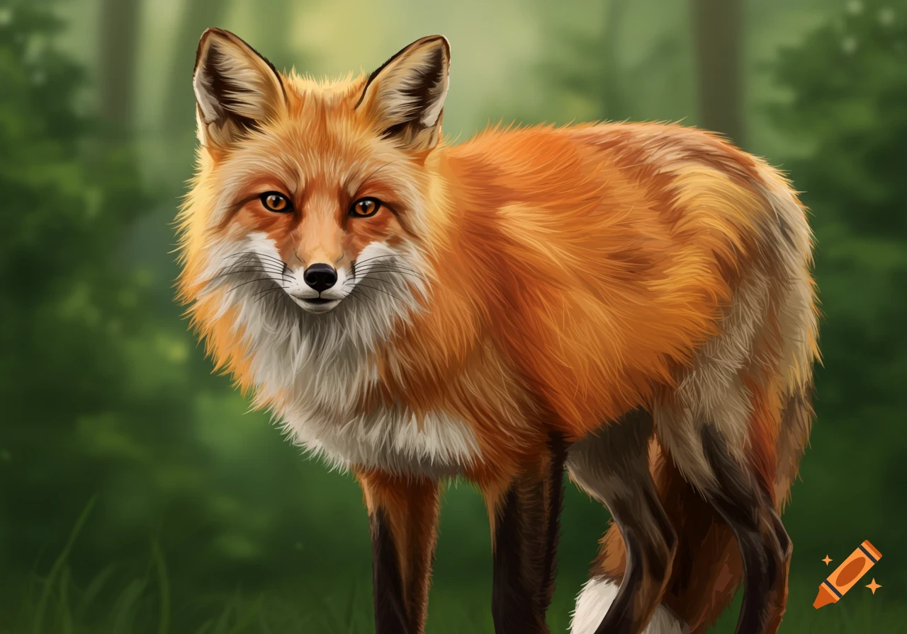A red fox standing in a forest.