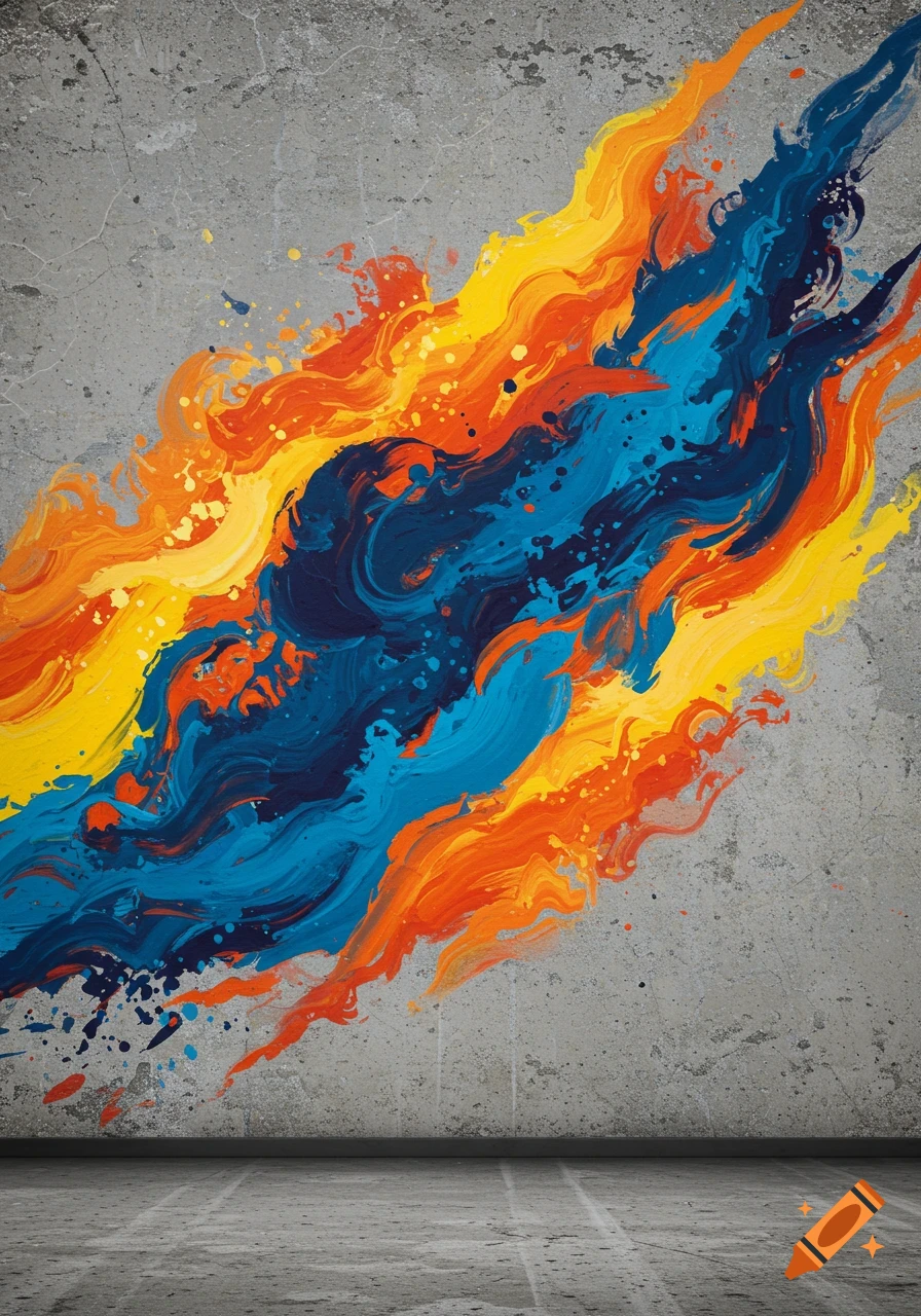 Abstract colorful paint splash on a concrete wall with a floor.
