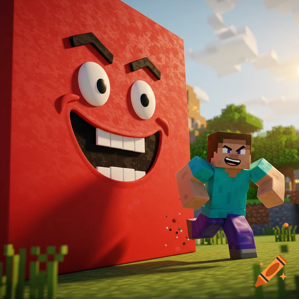 Minecraft Steve running from a large red block monster with a funny face