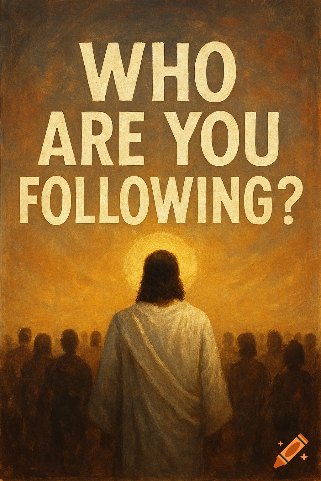 Illustration of Jesus seen from behind facing a crowd at sunset, with the text 'WHO ARE YOU FOLLOWING?' above.