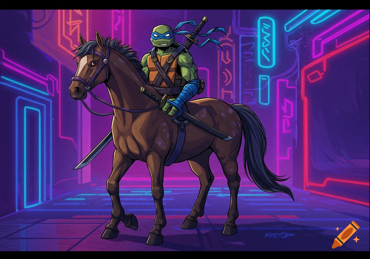 Leonardo from TMNT riding a horse in a neon cyberpunk city street. Digital art.