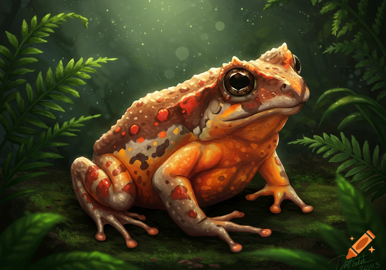 A detailed image of an orange and brown spotted frog sitting on moss surrounded by green ferns.