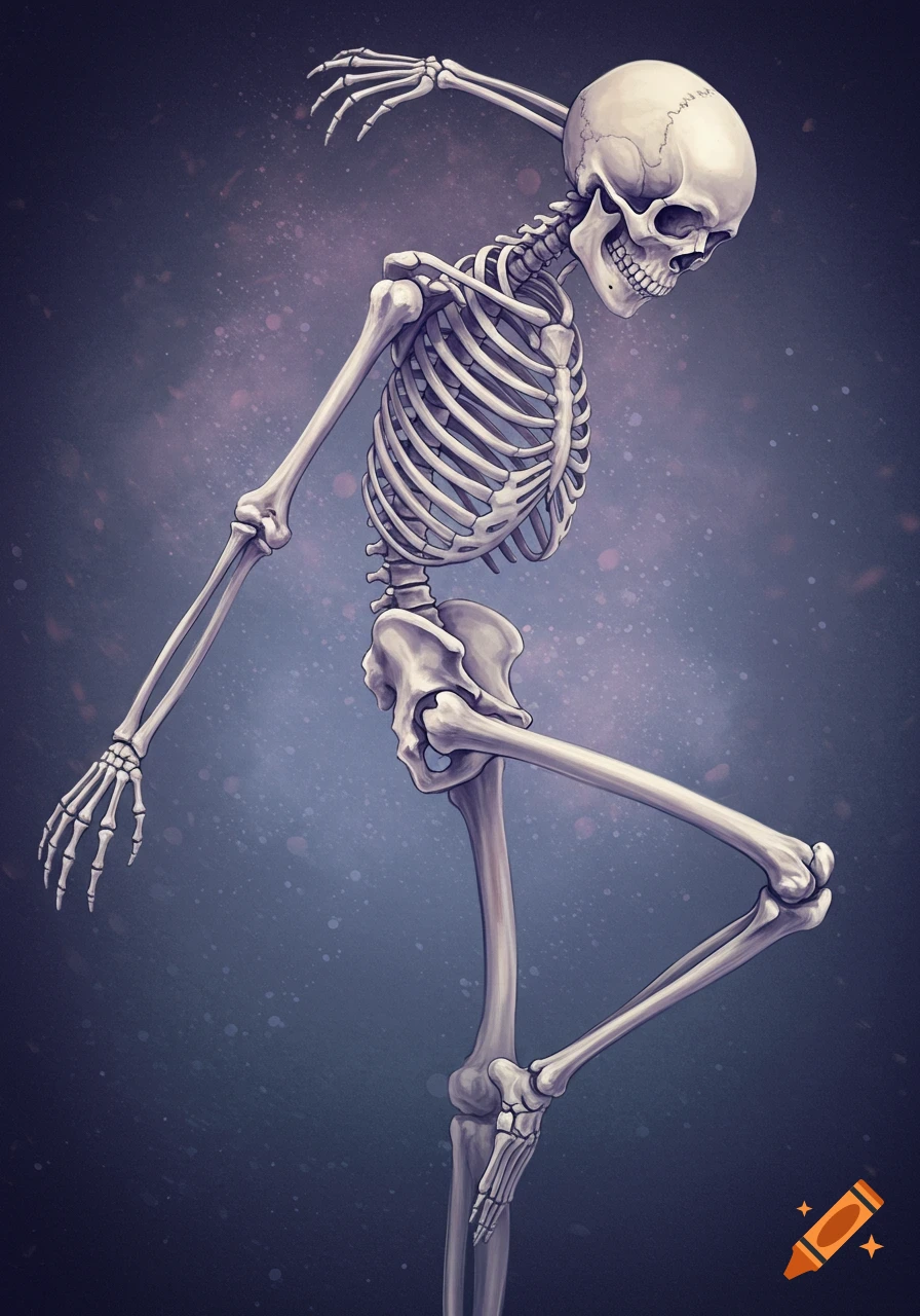 A stylized image of a skeleton standing in a dynamic pose against a dark, speckled background.