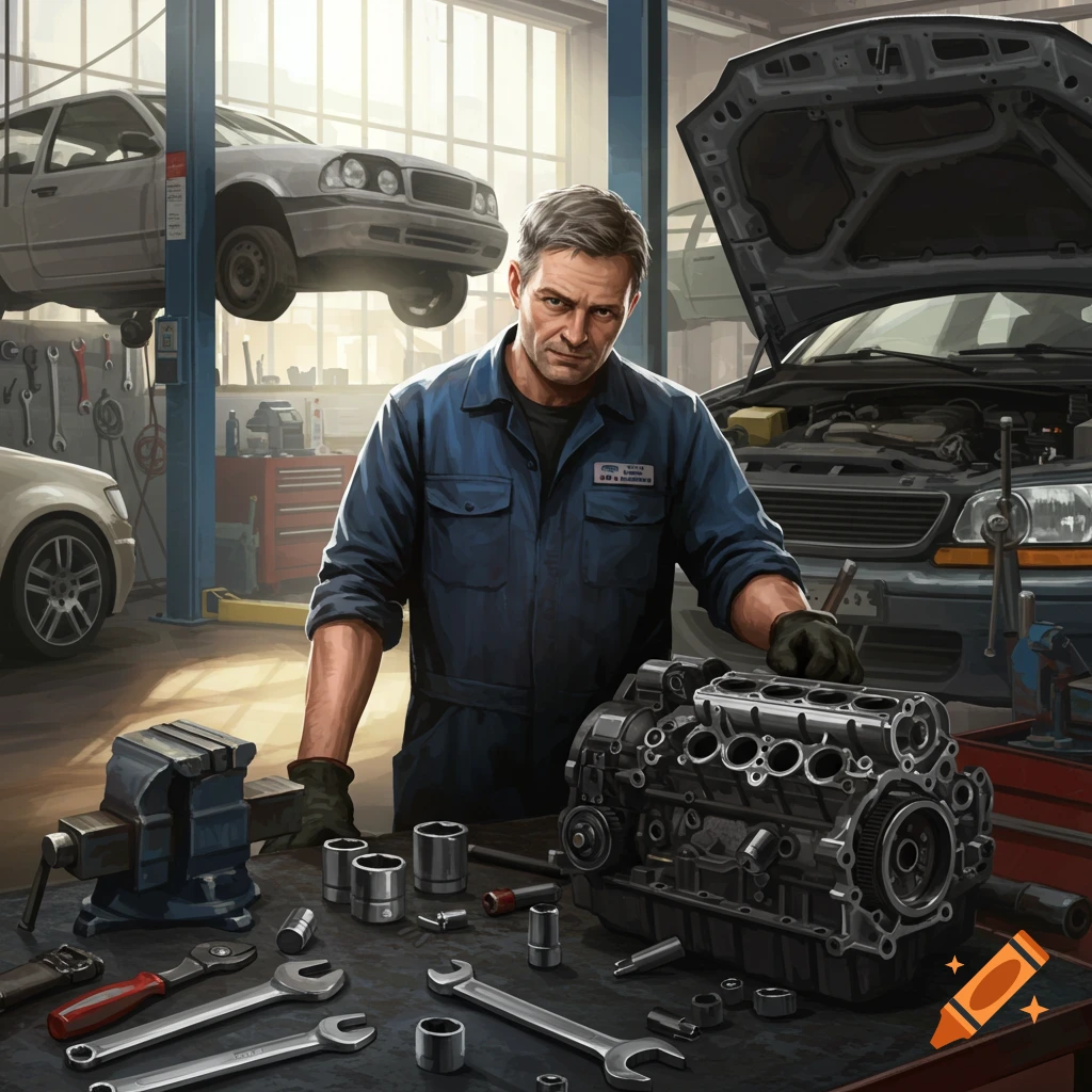 A mechanic in a garage with cars and tools.