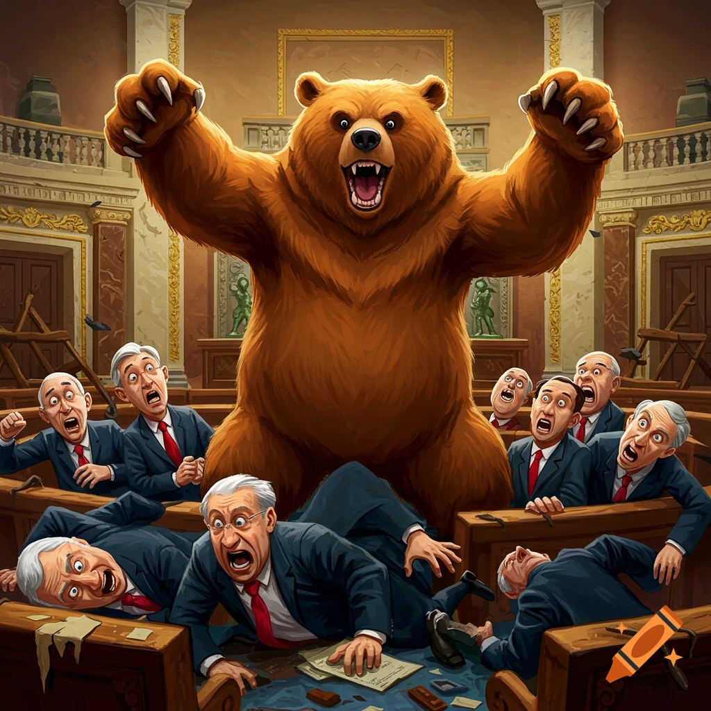 Cartoon illustration of a large bear attacking men in suits in a legislative chamber.