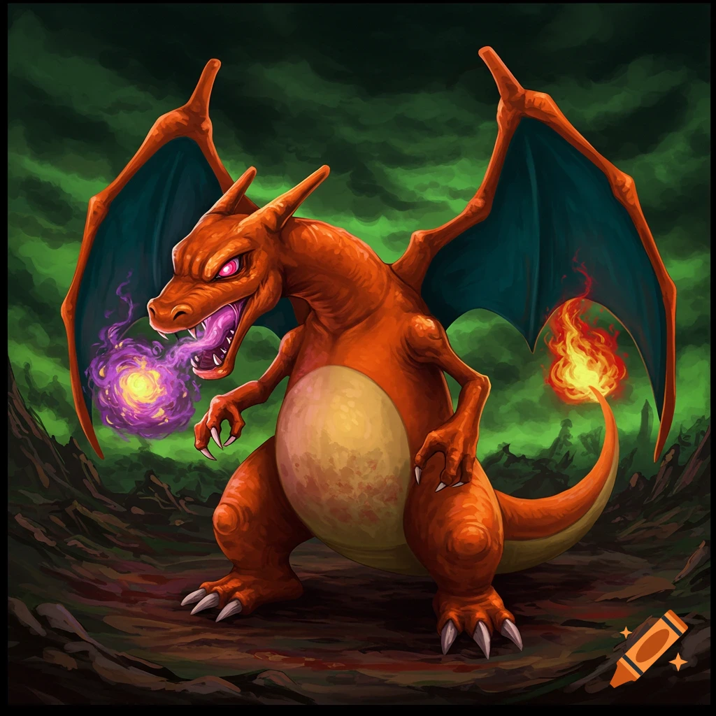 Charizard breathing purple energy, standing on rocky ground with fire on its tail.