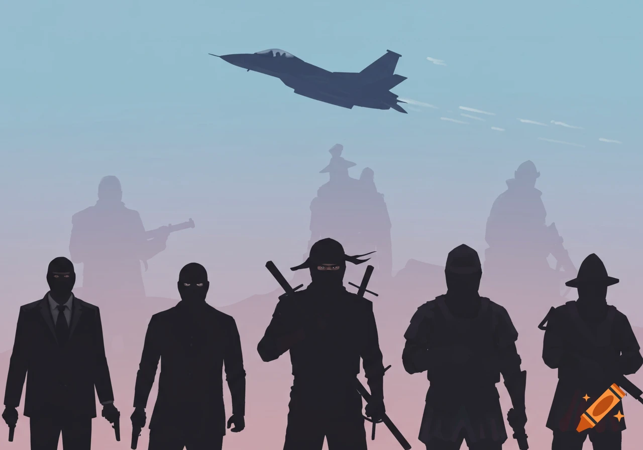 Silhouettes of a spy, ninja, knight, and other figures stand below a fighter jet against a gradient sky.