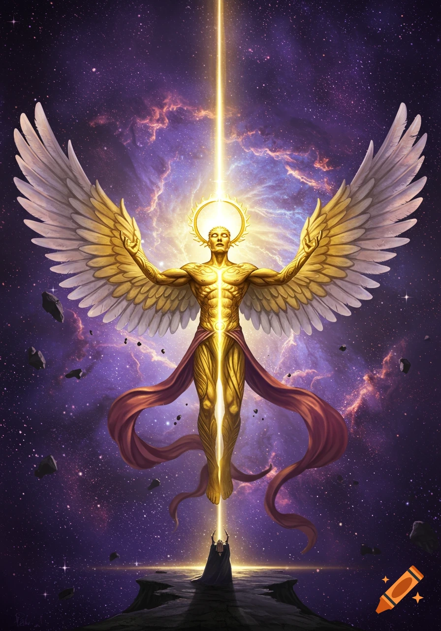 A golden winged figure receives a light beam from space, observed by a cloaked figure.