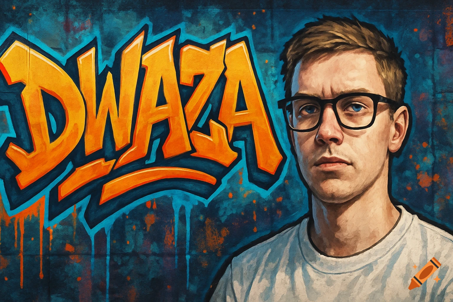 A man with glasses is standing next to graffiti art that spells "DWAZA".