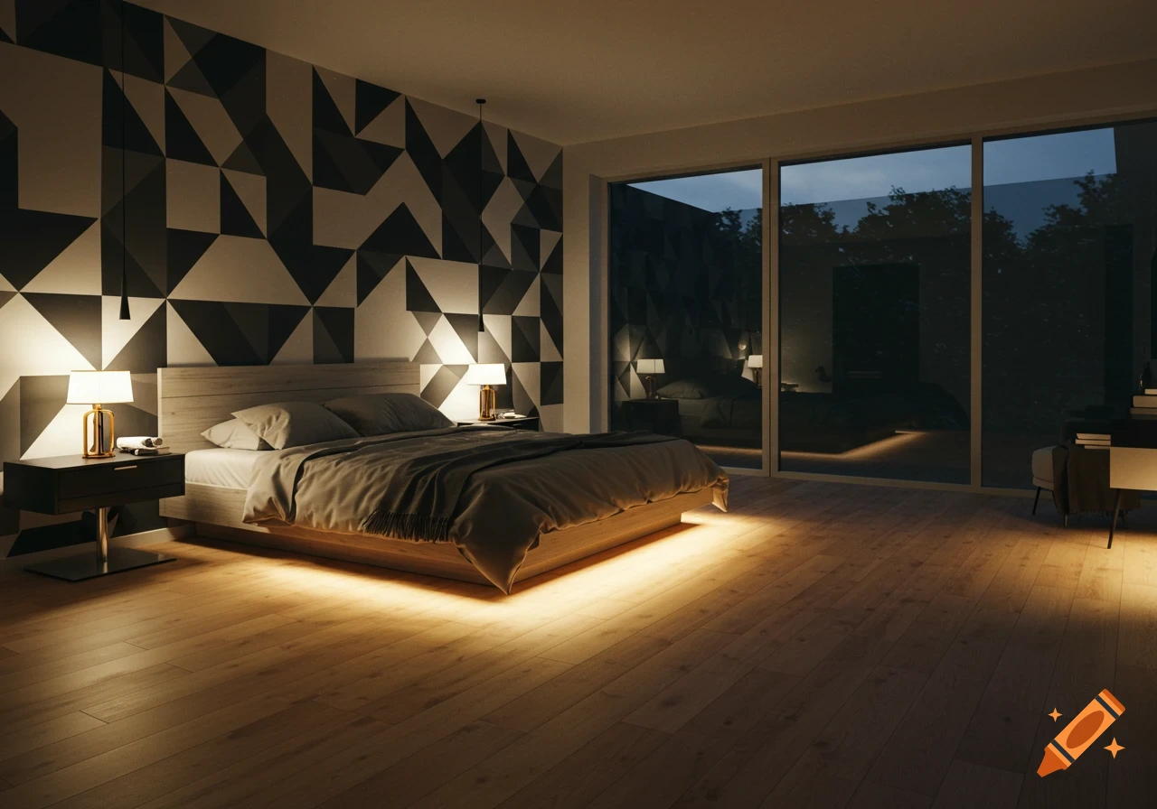 Modern bedroom with wood floors, geometric black and white wall, dimmed lamps, and large window.