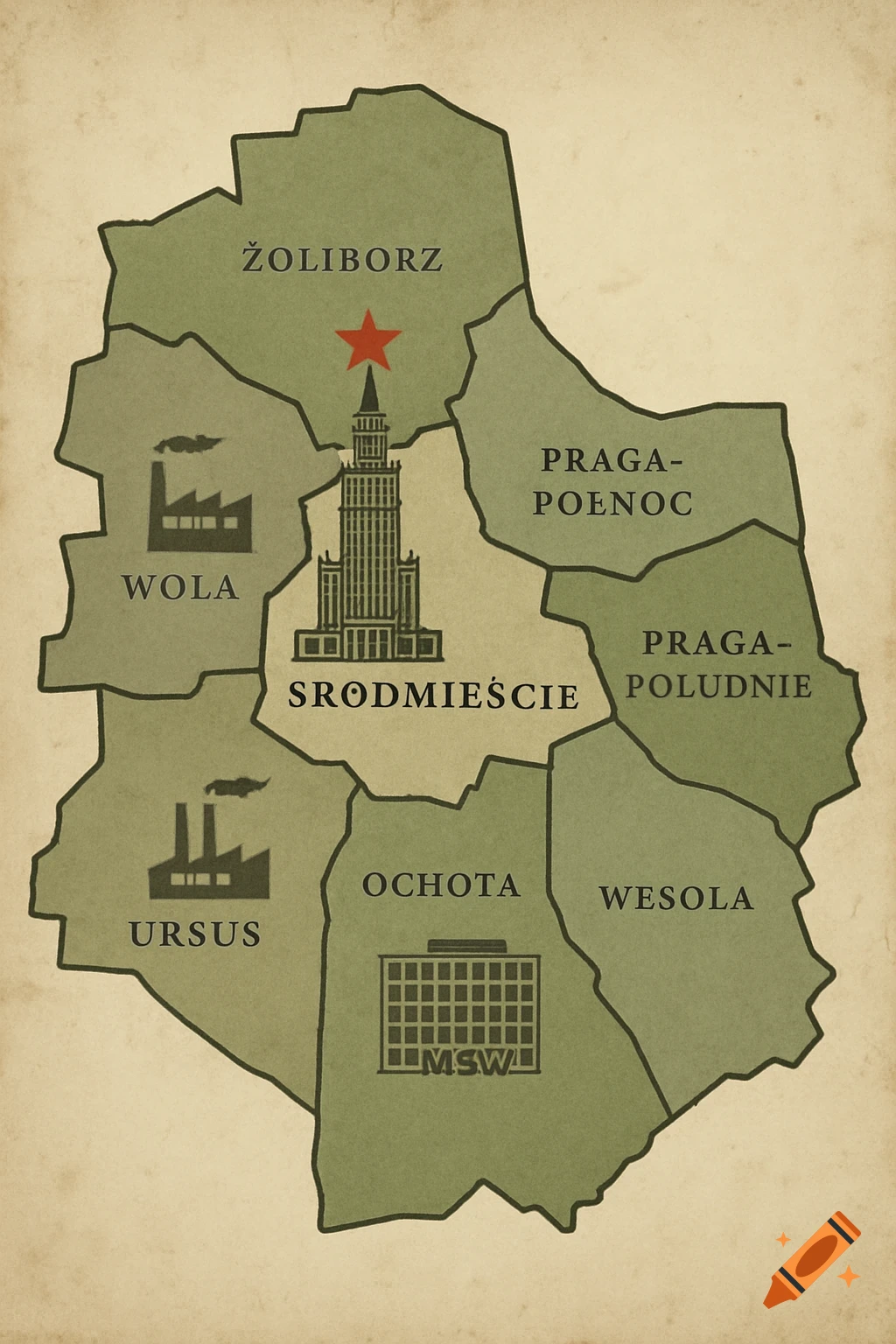 A stylized map of Warsaw districts in a vintage communist-era style with labels and symbols.