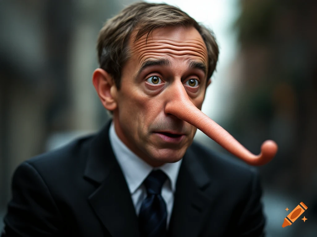 Photorealistic portrait of a man in a suit with a long Pinocchio-style nose.