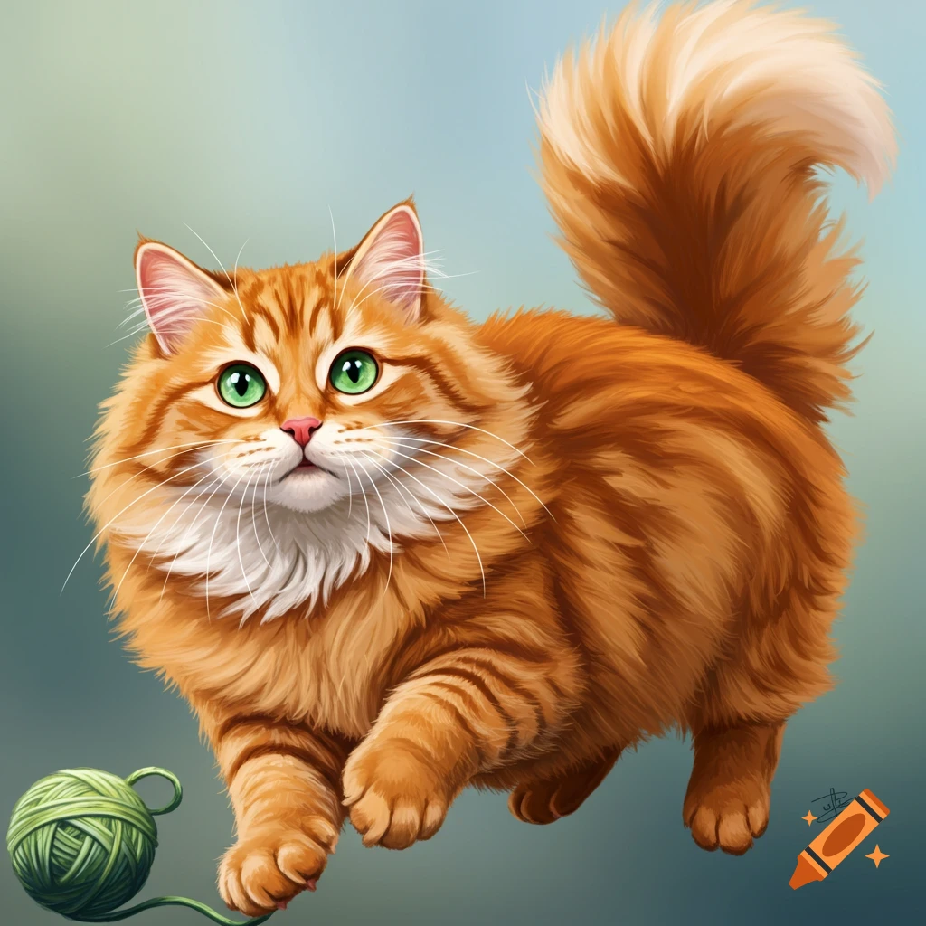 An orange fluffy cat reaching for a green ball of yarn in a painting.