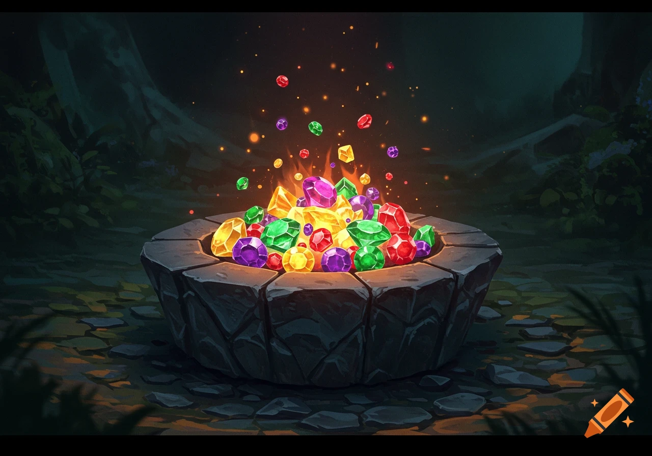 A firepit filled with glowing, colorful gemstones in a dark forest.