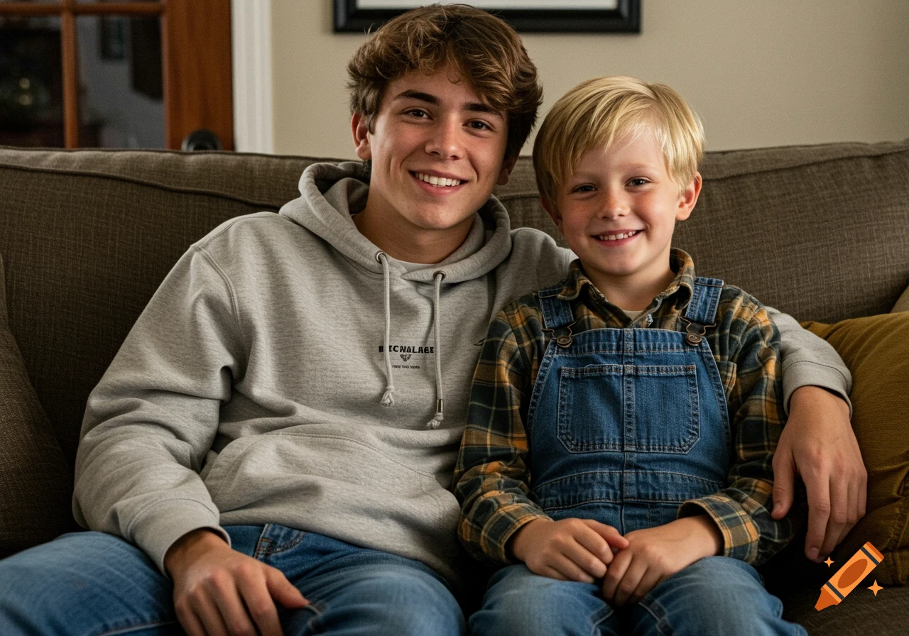 Photorealistic image of two boys smiling on a couch.