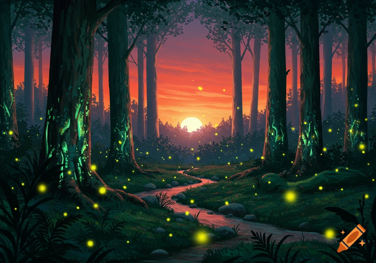 An enchanted forest at sunset with fireflies along a stream.
