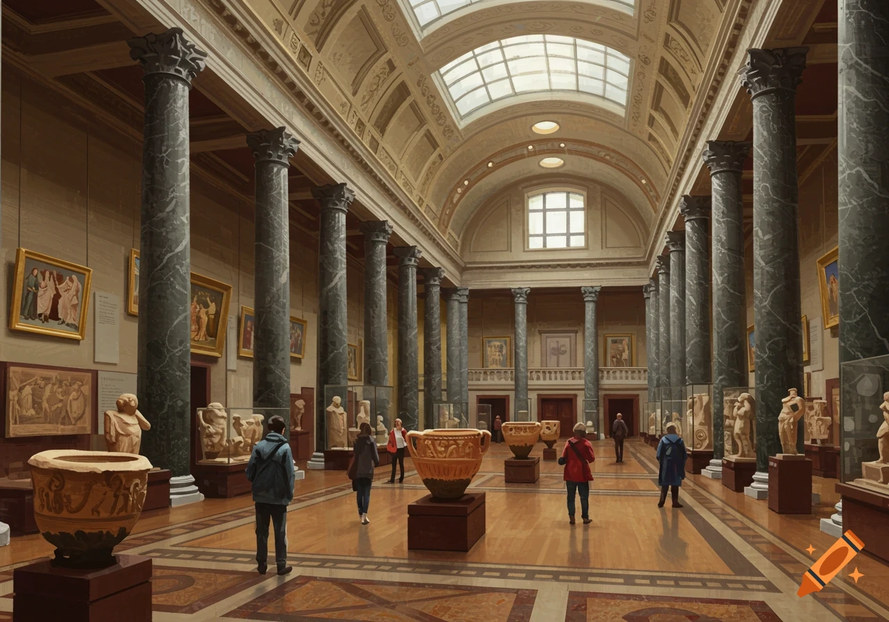 A classical museum interior with columns, exhibits, and visitors.