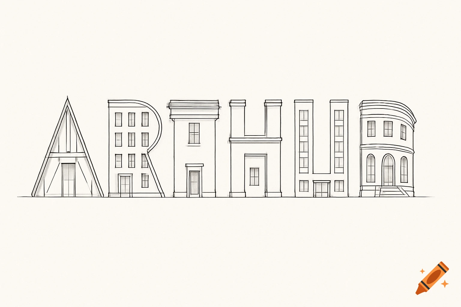 Sketch of the name ARTHUR spelled out using buildings.