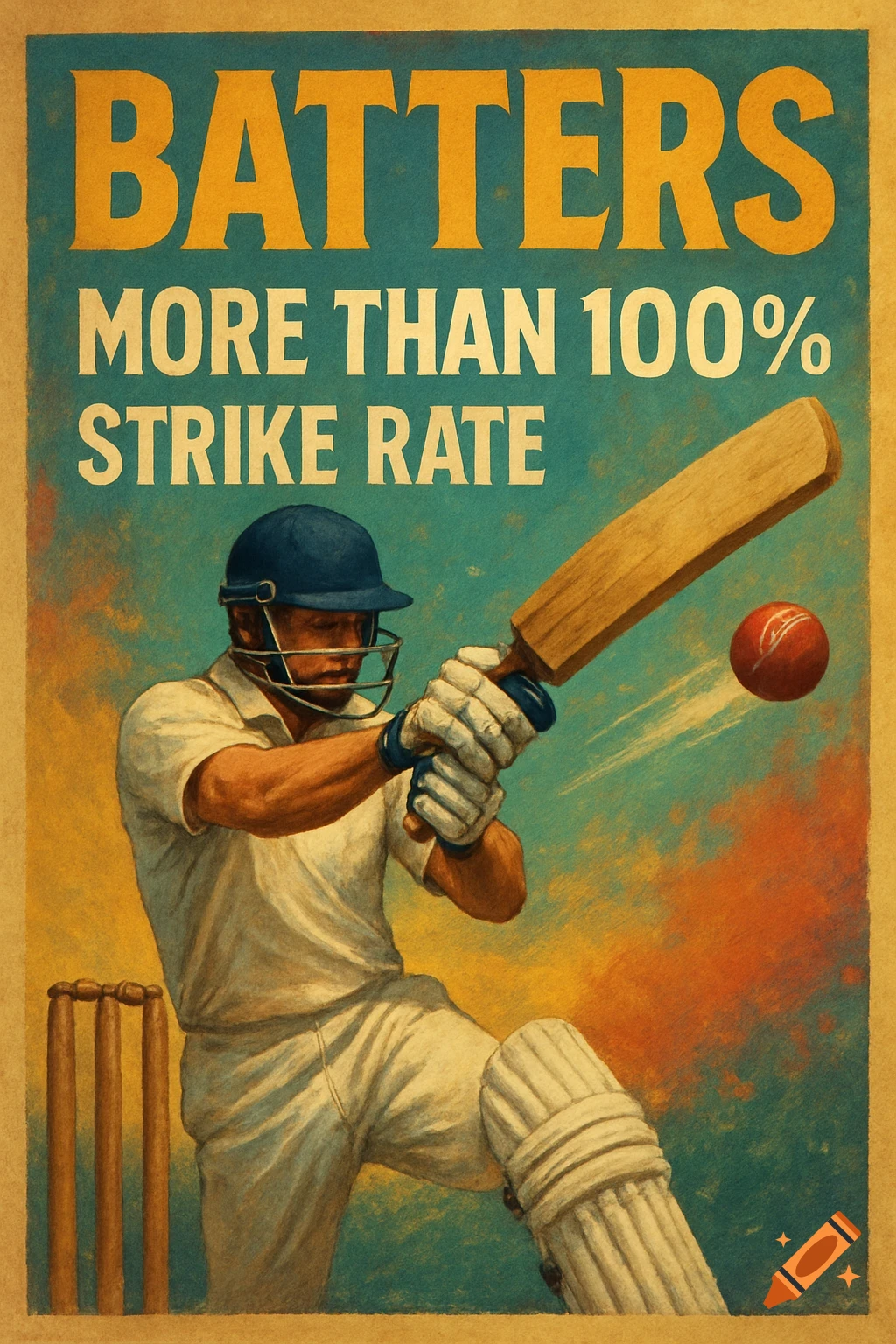 Poster of a cricketer hitting a ball with text 'BATTERS MORE THAN 100% STRIKE RATE'.