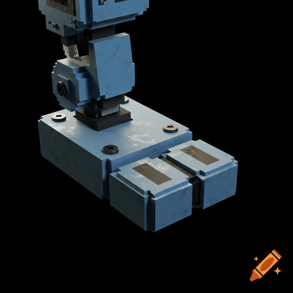 Close-up of a blue pixelated robot foot on a black background.