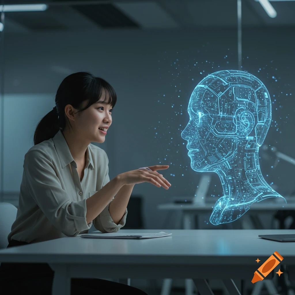 Woman interacting with a glowing digital representation of a human head in a futuristic office.