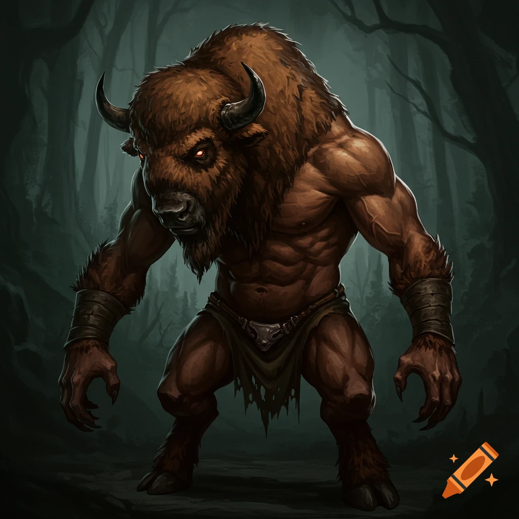 Muscular monster with a bison head standing in a dark forest.