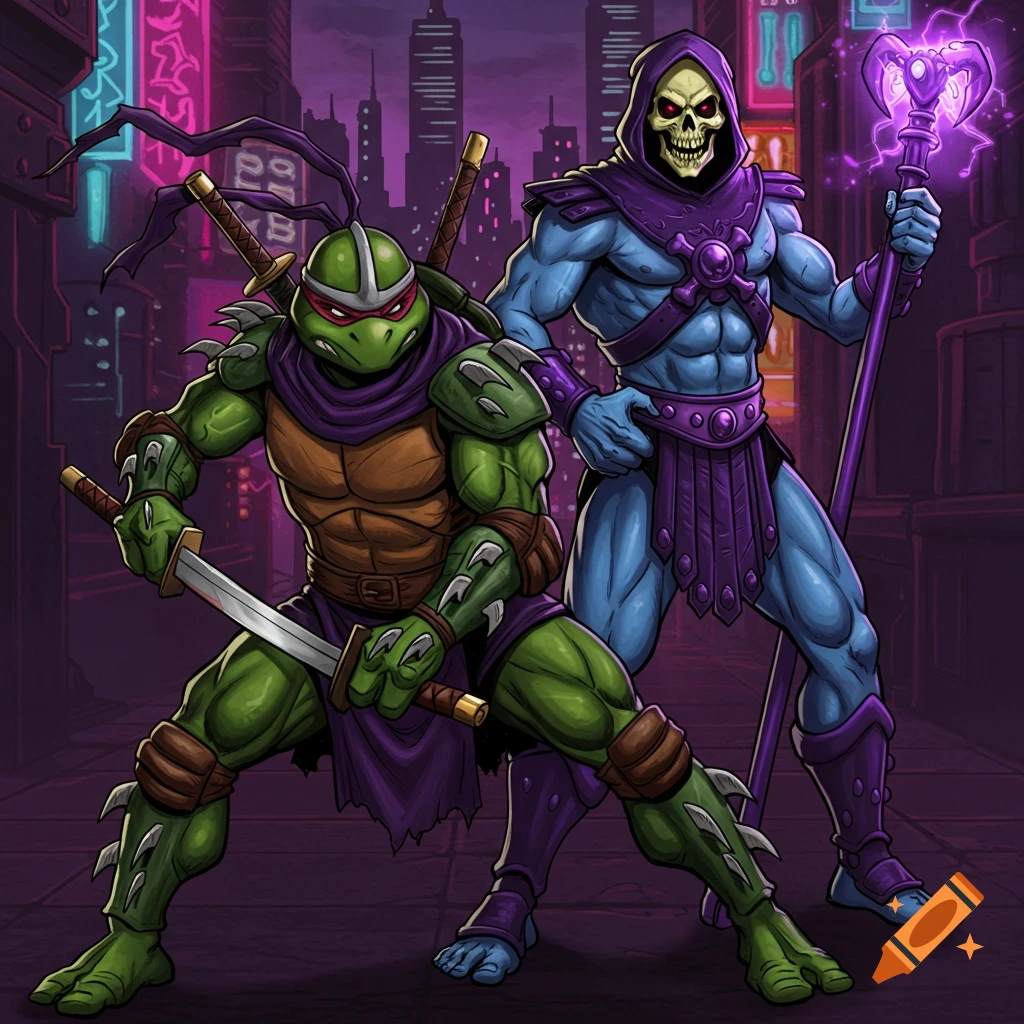 A cartoon image of a ninja turtle character and Skeletor standing in a city street at night with neon lights.