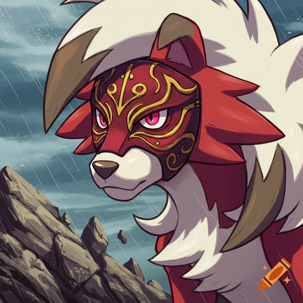 A Lycanroc creature wearing a red and gold mask in a rainy, rocky setting.