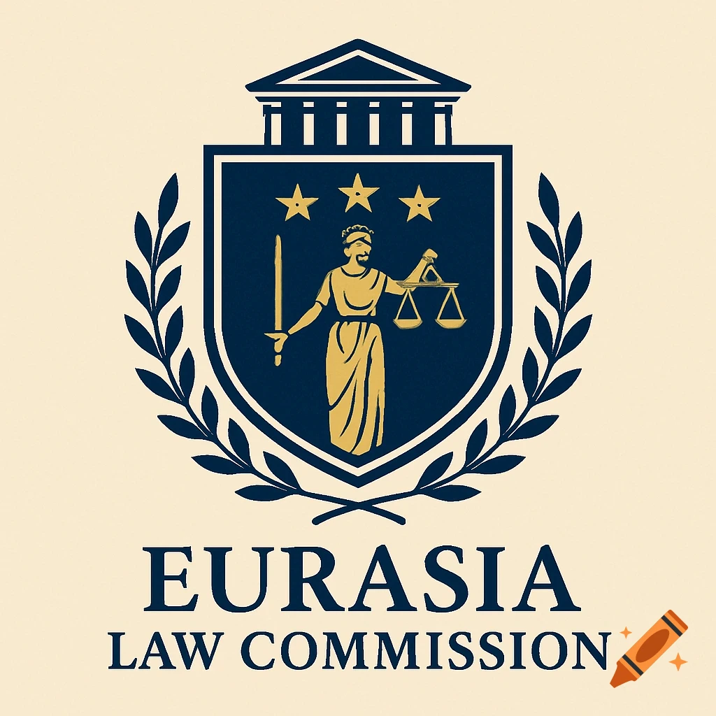 Logo featuring a stylized Lady Justice with sword and scales within a shield, flanked by laurel branches, with text 'EURASIA LAW COMMISSION' below.