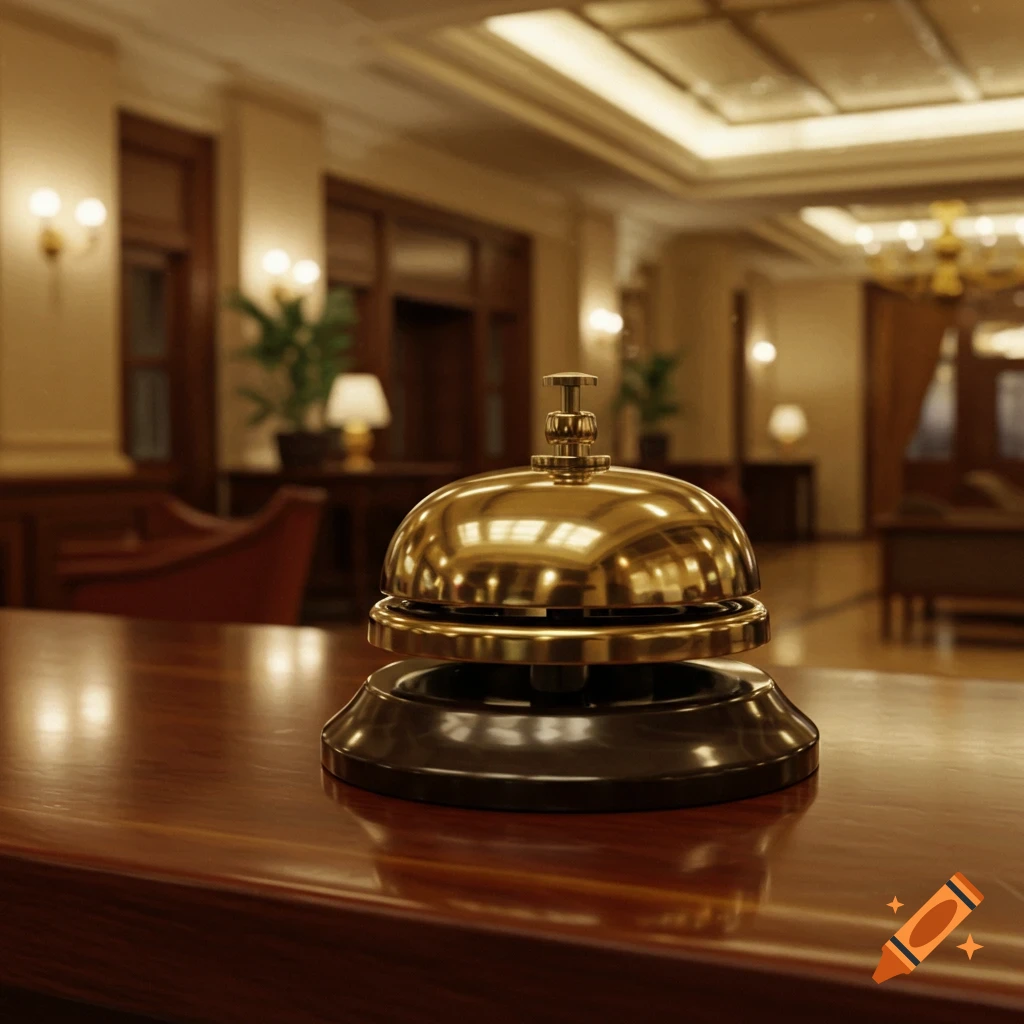 A detailed image of a golden bell on a wooden reception desk in a hotel lobby.