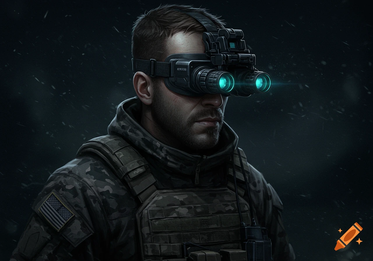 A soldier is depicted wearing night vision goggles and tactical gear
