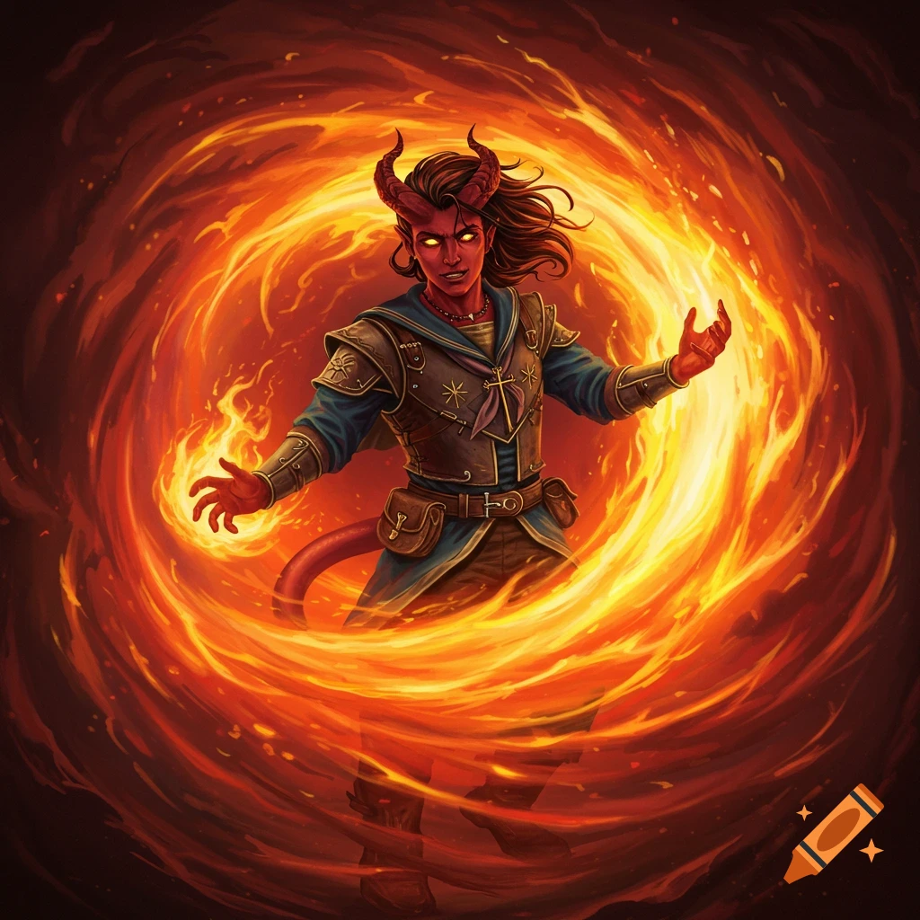 A red-skinned Tiefling character with horns and a tail, wearing sailor clothes, is surrounded by a swirling vortex of fire, casting a spell.