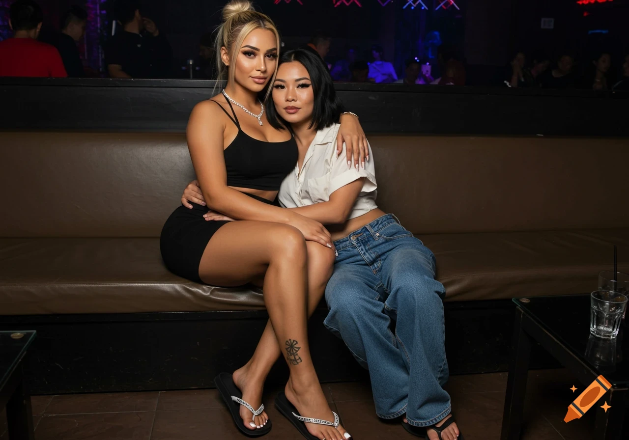 Two women sit together on a couch in a nightclub.