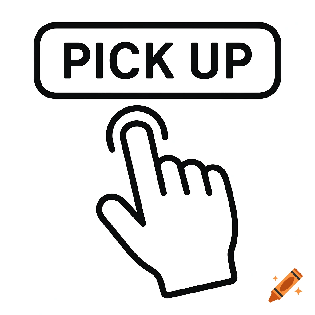 Black and white line icon of a hand with finger pointing at a button labeled "PICK UP".