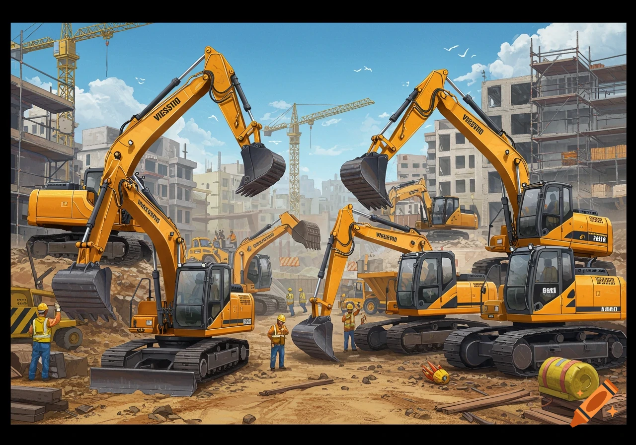 Several yellow excavators and workers at a large construction site.