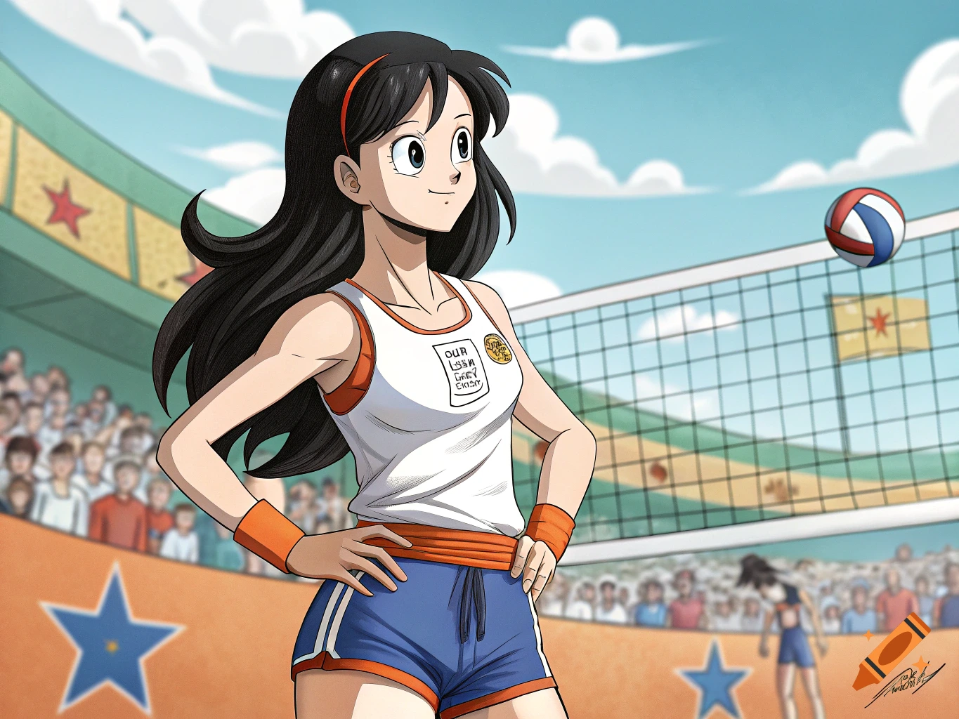 Videl from DBZ playing volleyball in an anime style.