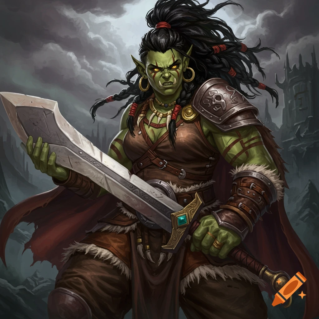 A half orc female barbarian holding a large sword against a dark, cloudy sky.