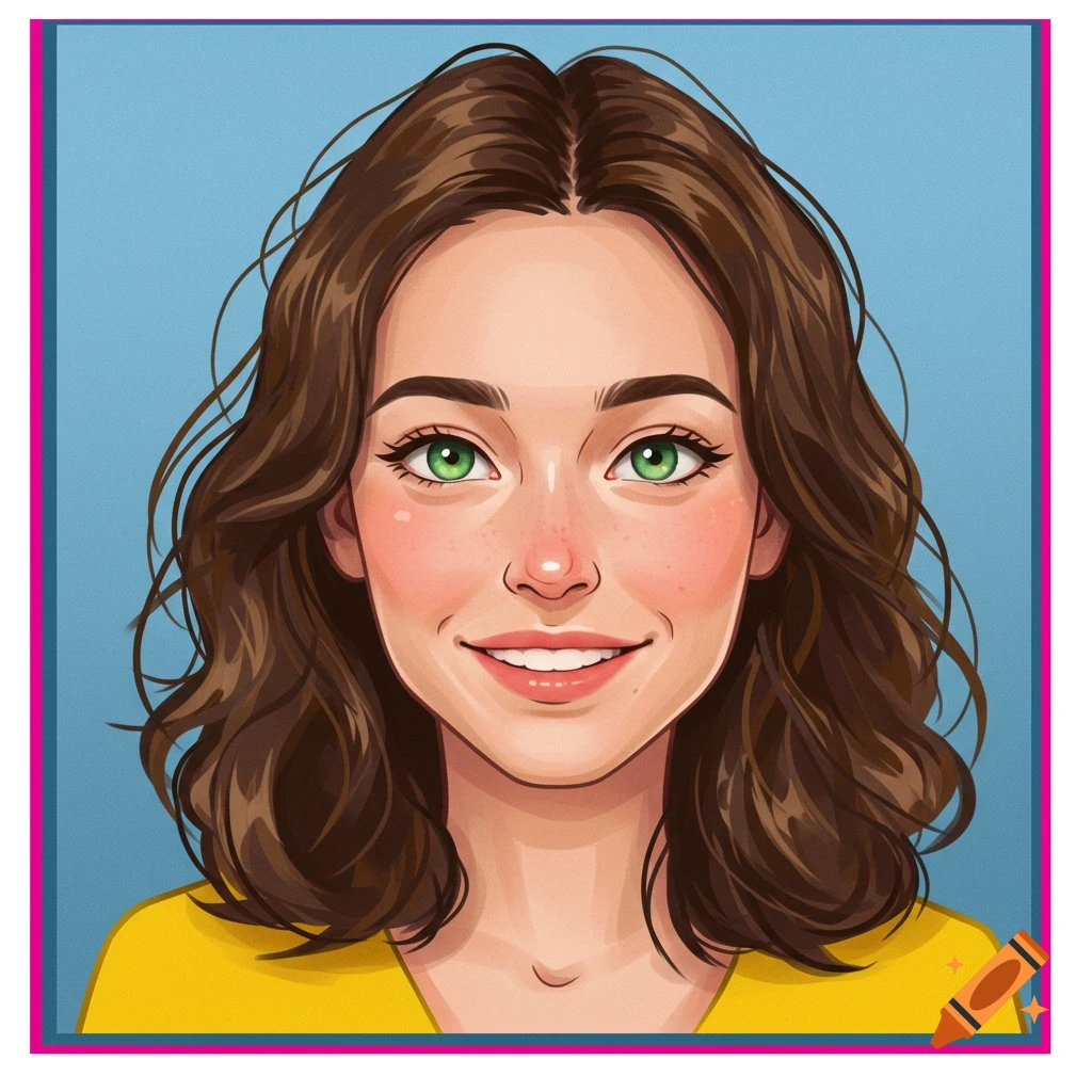 Cartoon portrait of a smiling woman with brown hair and green eyes, wearing a yellow shirt.