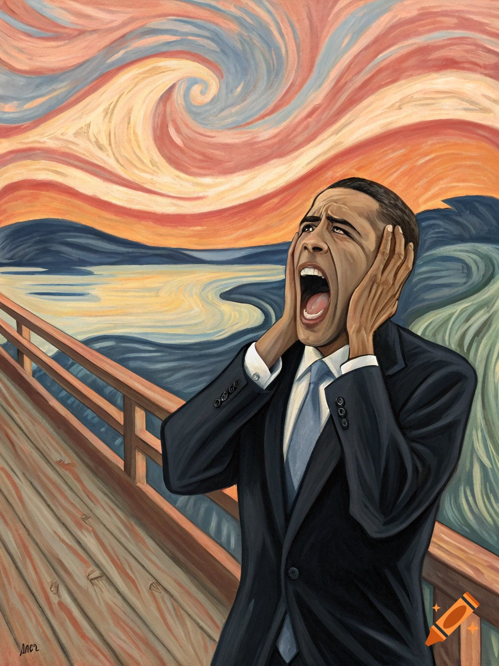 Painting of Barack Obama in the style of The Scream, standing on a bridge.