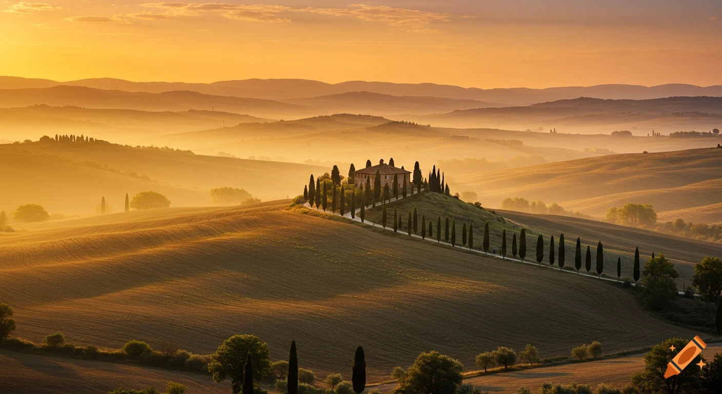 Photorealistic landscape of rolling hills in Tuscany with a villa on a hill lined with cypress trees at sunrise.