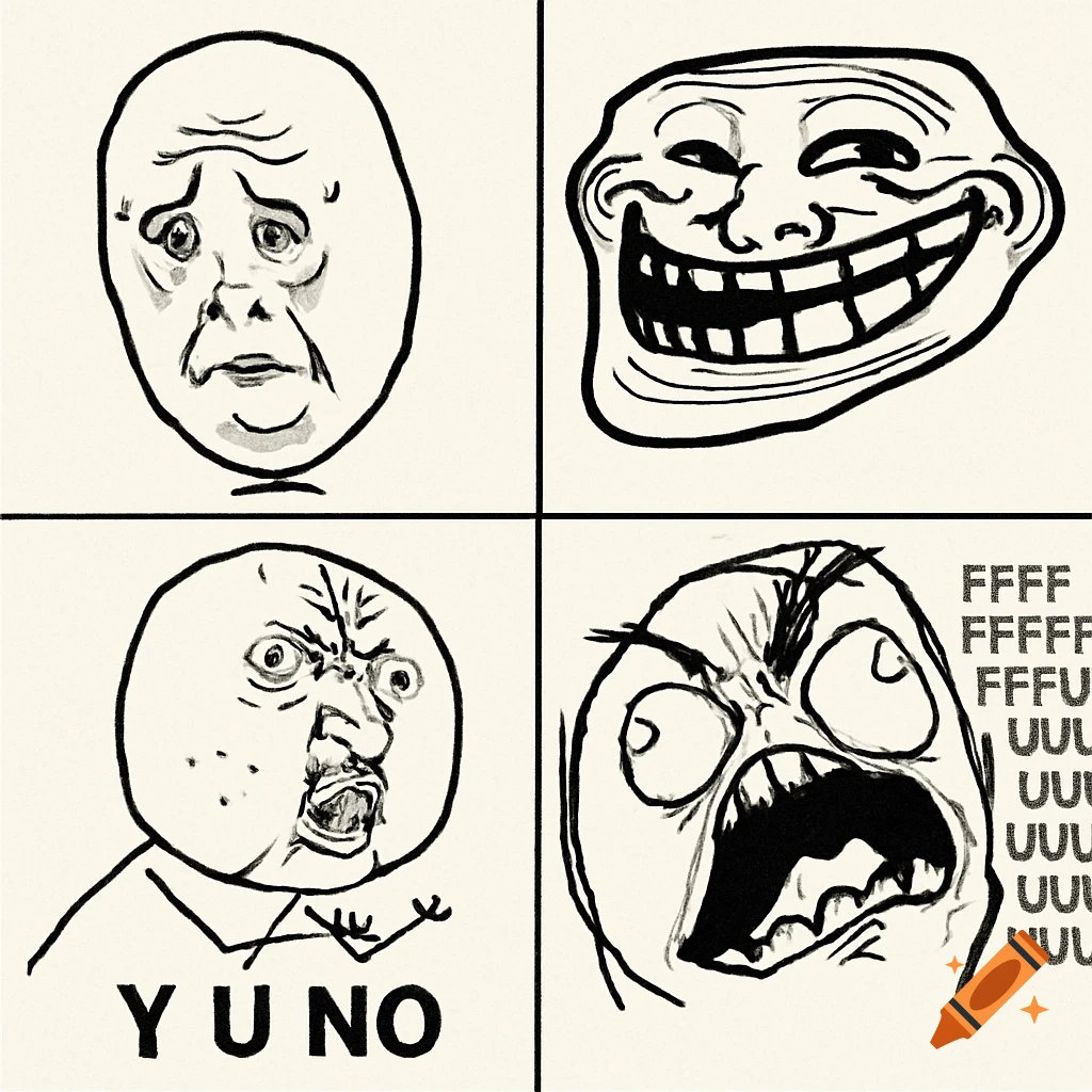 A four-panel rage comic grid showing classic meme faces including a sad face, Trollface, Y U NO guy, and FFFFUUUU face with text.