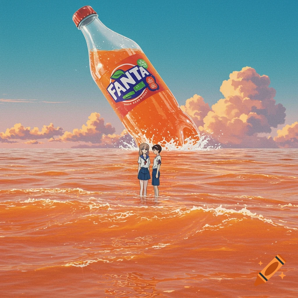 Two anime characters stand in an orange Fanta sea as a giant Fanta bottle falls, Evangelion style.